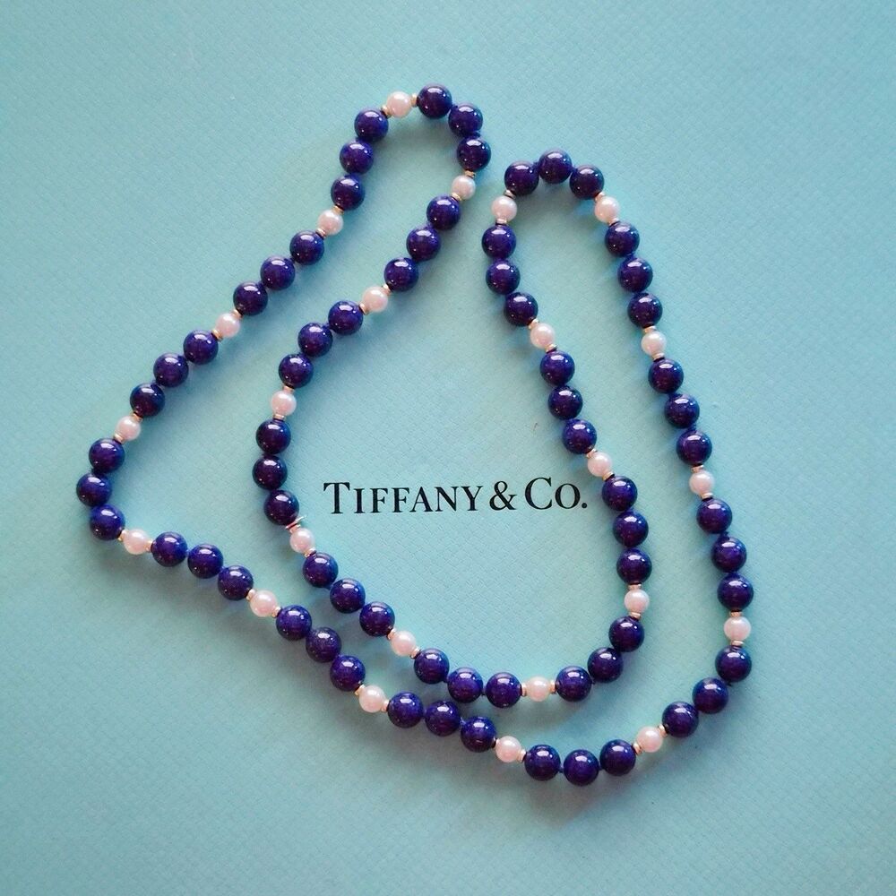 RARE Vintage Tiffany & Co. 14k YG Lapis Lazuli Bead Necklace Pearl Accents 29in